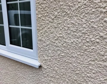 Close-up of a cream-coloured exterior wall with a roughcast render finish beside a white-framed window, showcasing the smooth edges and textured surface typical of a high-quality rendering service.